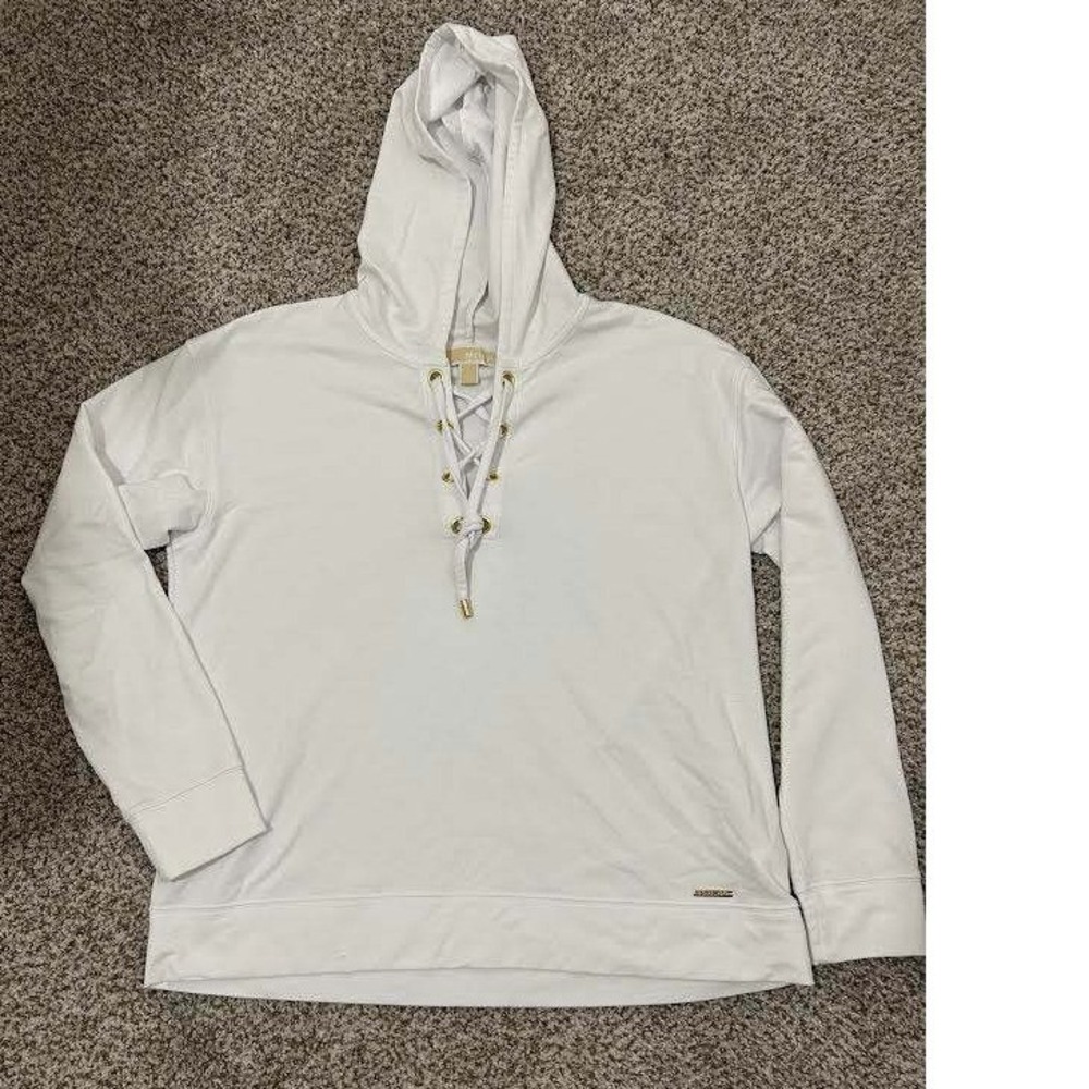 Michael Kors Womens White Lace Up Hoodie Gold Grommet Long Sleeve Pullover Large
